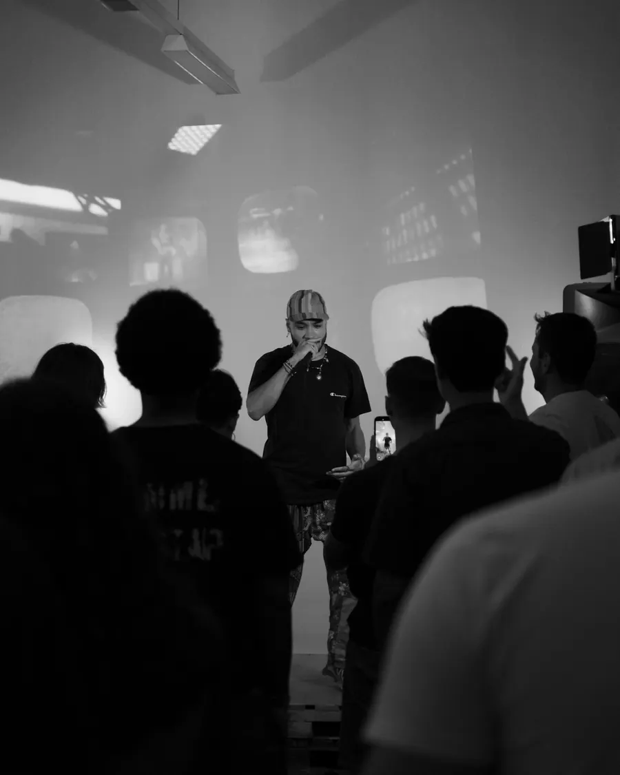 Mosaïque de photos du concert à La Pente : artistes au micro et public